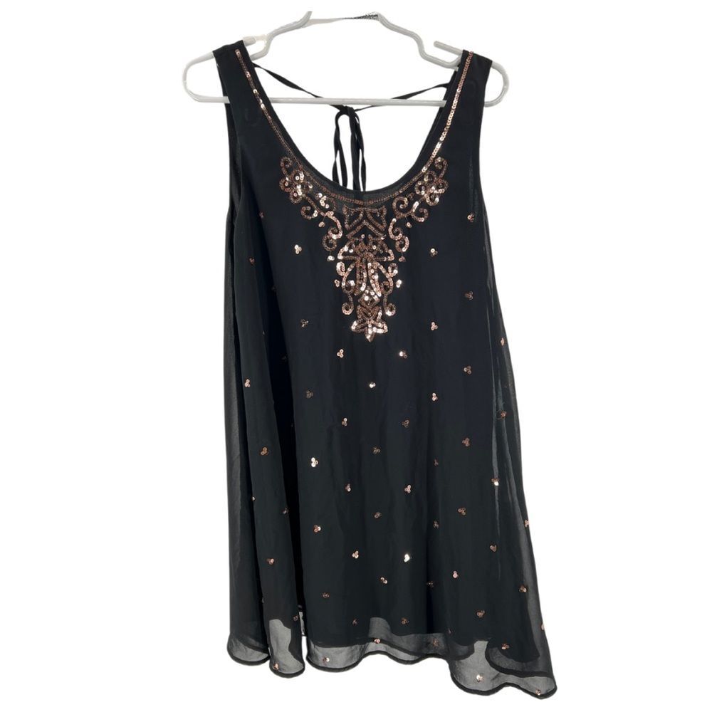 Entro black guilded neckline mini dress copper rose gold sequin party dance M